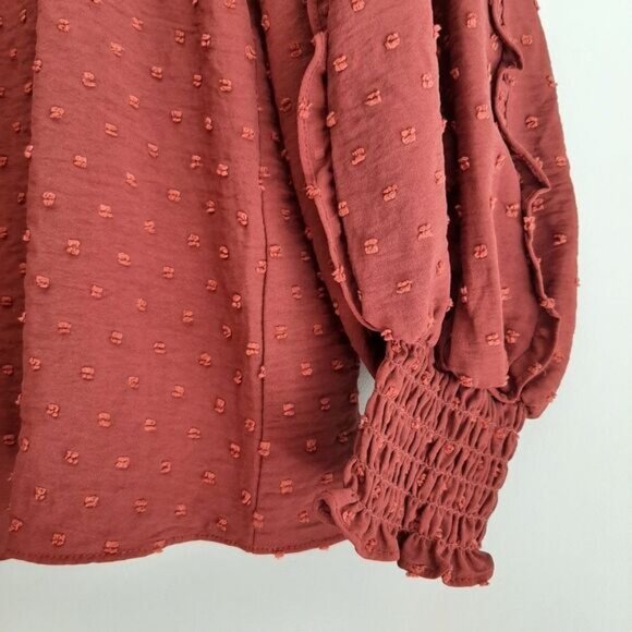 MAX STUDIO / Swiss Dot Textured Boho Ruffle Sleeve Blouse Rust Brown Sz XL - Picture 5 of 13